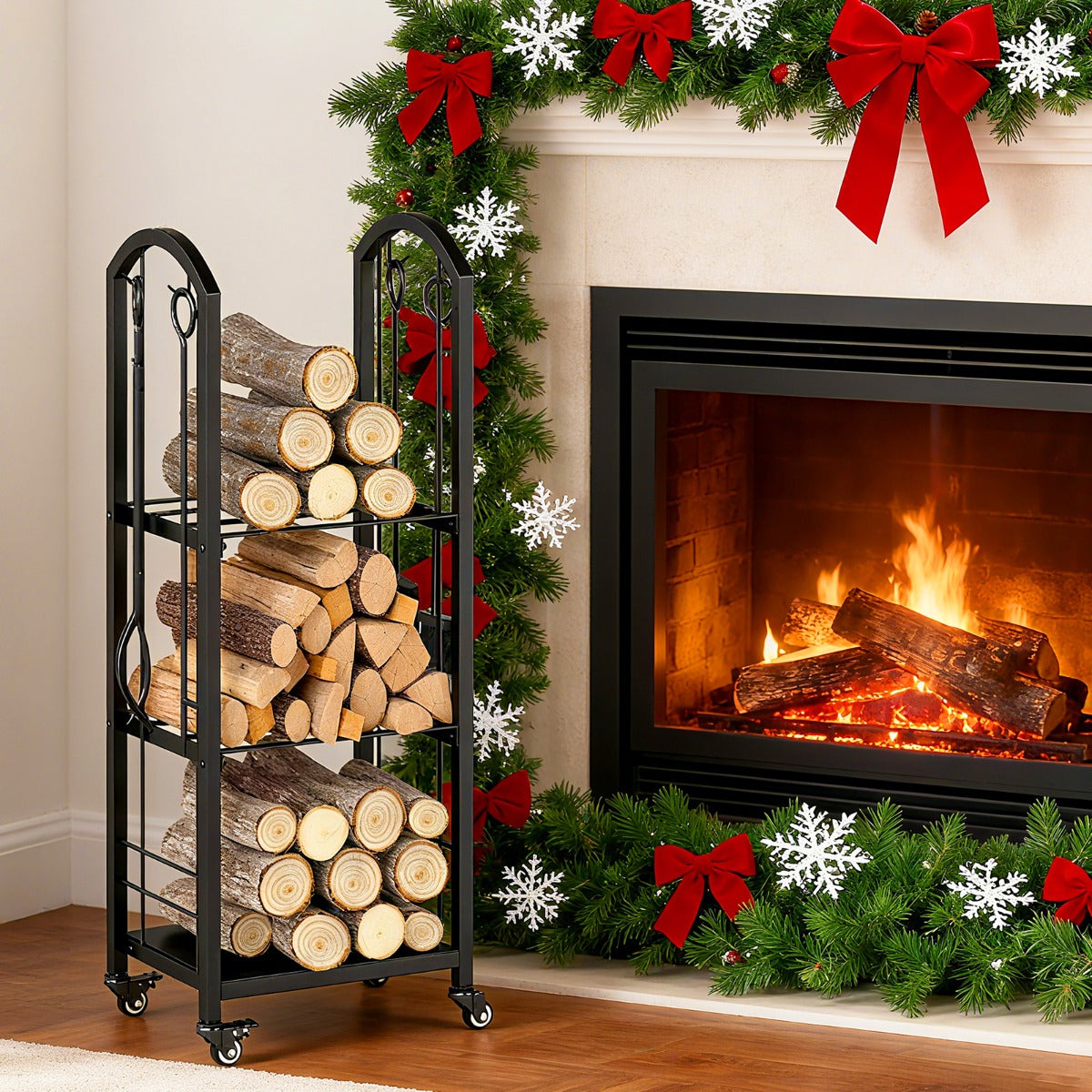 Porta legna da interno ed esterno con pinza scopa e paletta per stoccaggio-Portalegna a 3 ripiani con ruote Nero