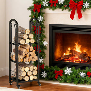 Porta legna da interno ed esterno con pinza scopa e paletta per stoccaggio-Portalegna a 3 ripiani con ruote Nero