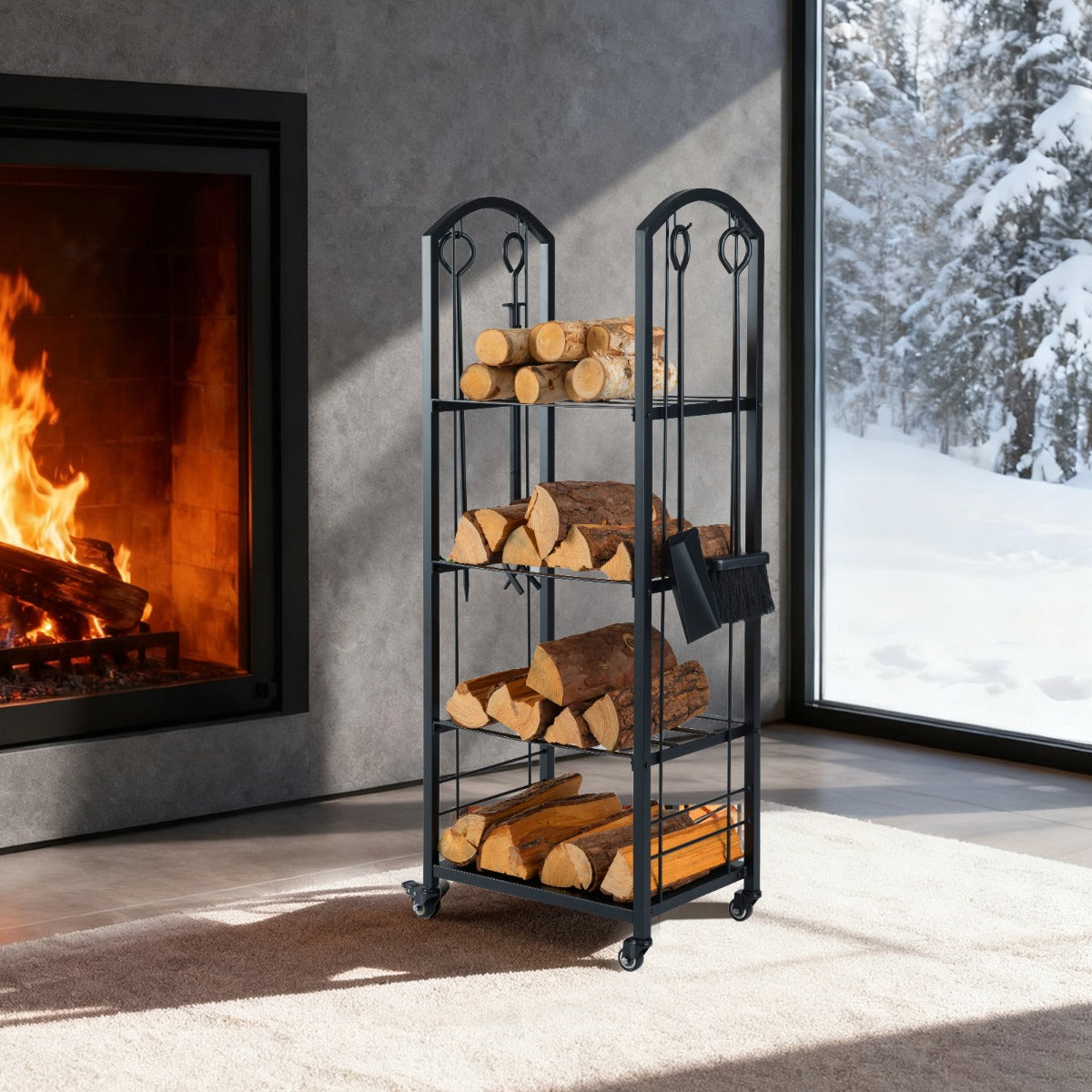 Porta legna da interno ed esterno con pinza scopa e paletta per stoccaggio-Portalegna a 4 ripiani con ruote Nero