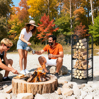 Porta legna da interno ed esterno con pinza scopa e paletta per stoccaggio-Portalegna a 4 ripiani con ruote Nero