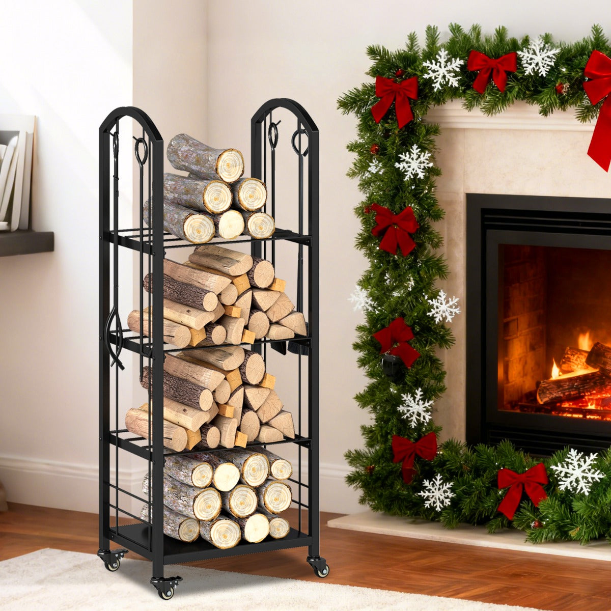 Porta legna da interno ed esterno con pinza scopa e paletta per stoccaggio-Portalegna a 4 ripiani con ruote Nero