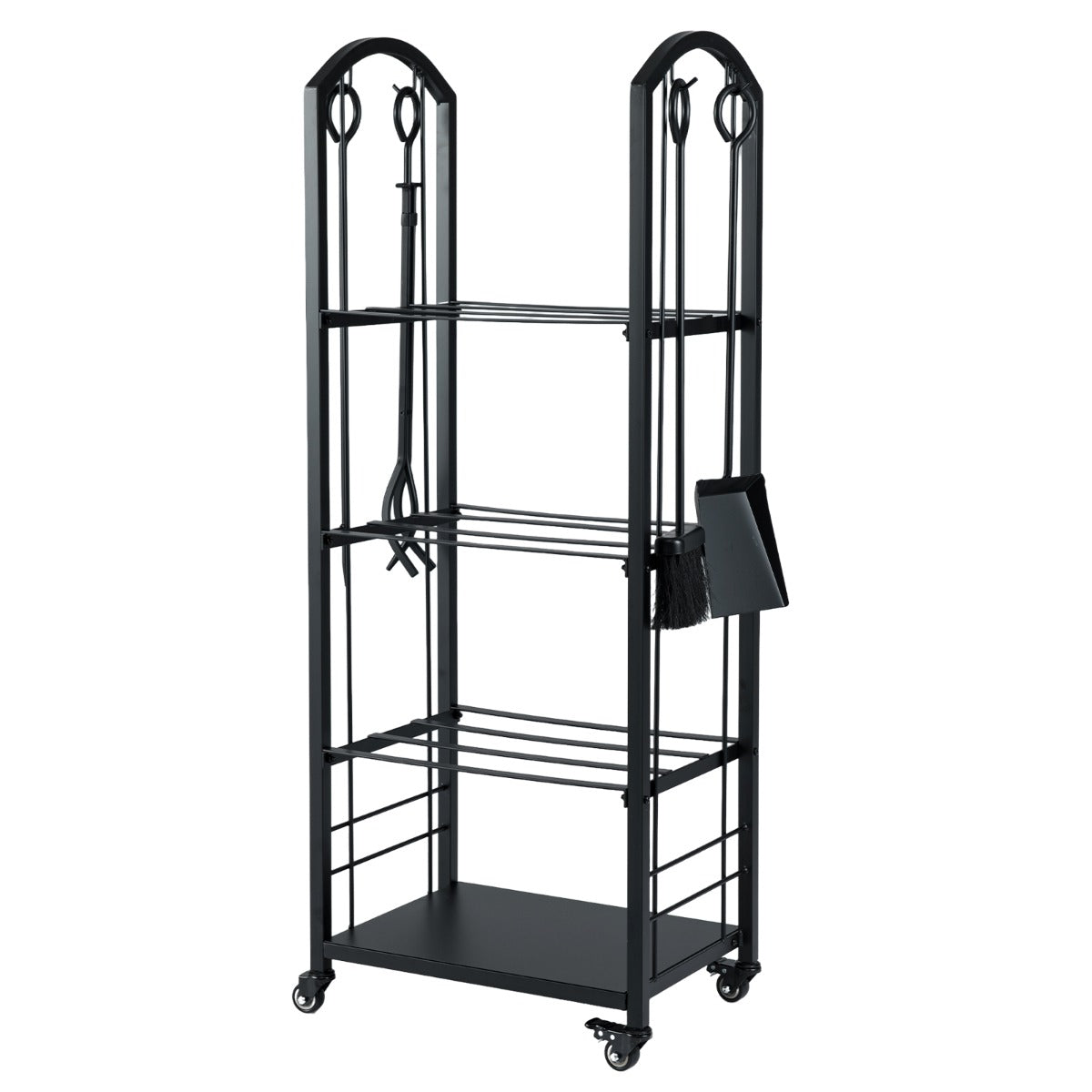 Porta legna da interno ed esterno con pinza scopa e paletta per stoccaggio-Portalegna a 4 ripiani con ruote Nero