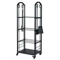 Porta legna da interno ed esterno con pinza scopa e paletta per stoccaggio-Portalegna a 4 ripiani con ruote Nero