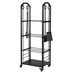 Porta legna da interno ed esterno con pinza scopa e paletta per stoccaggio-Portalegna a 4 ripiani con ruote Nero