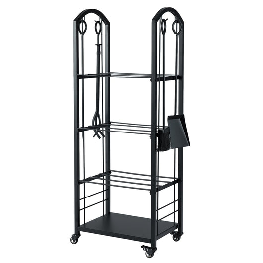 Porta legna da interno ed esterno con pinza scopa e paletta per stoccaggio-Portalegna a 4 ripiani con ruote Nero