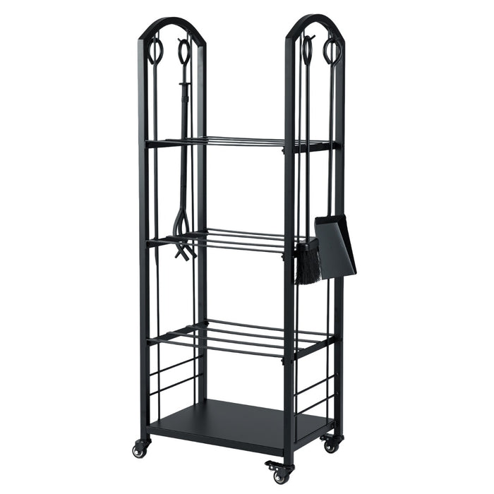 Porta legna da interno ed esterno con pinza scopa e paletta per stoccaggio-Portalegna a 4 ripiani con ruote Nero