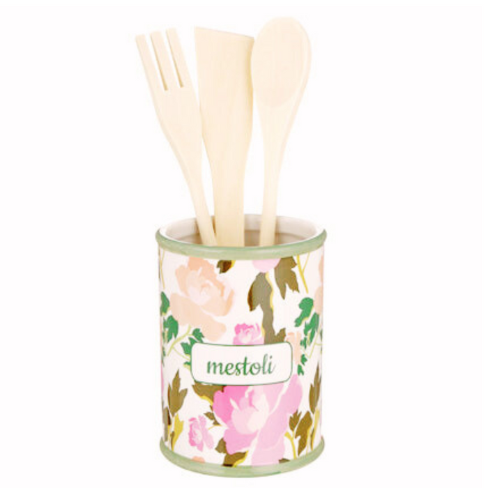 Porta mestoli in ceramica con 3 mestolo in legno set utensili da cucina attrezzi barattolo porcellana idee regalo