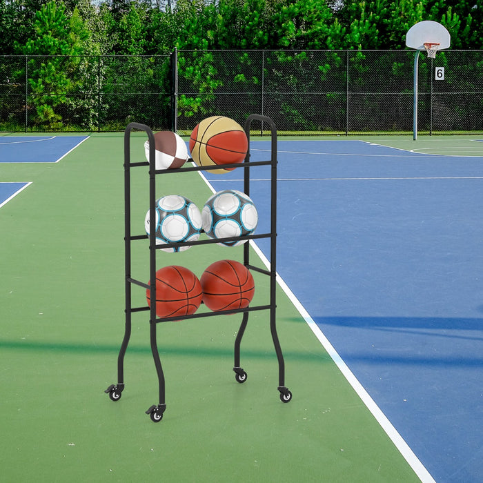 Porta palloni da basket a 3 livelli supporto per palle da garage con 4 ruote universali, Porta struttura metallica-Ricreazione outdoor