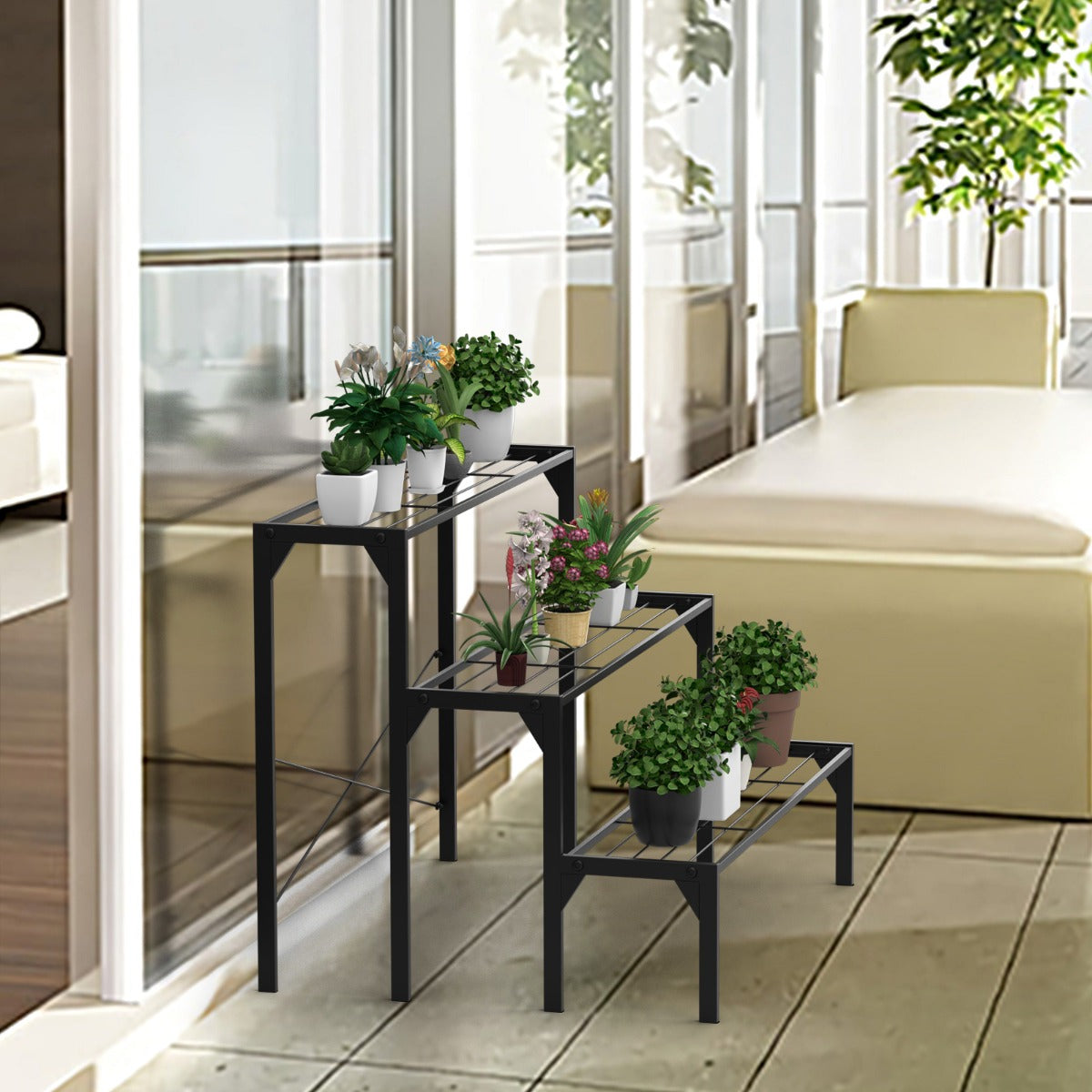 Porta piante di metallo a 3 livelli per corridoio cortile balcone-Scaffale per fiori con struttura resistente