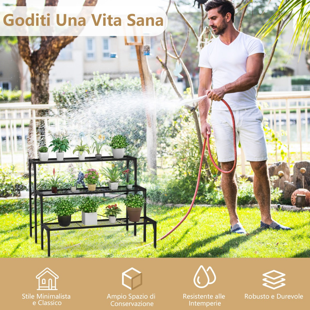 Porta piante di metallo a 3 livelli per corridoio cortile balcone-Scaffale per fiori con struttura resistente