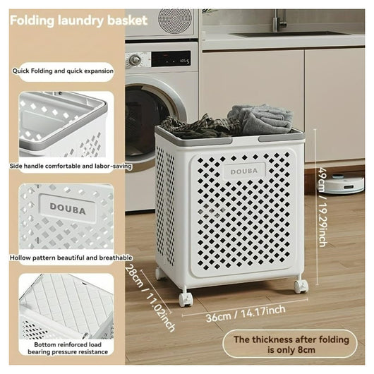 Trade Shop - Portabiancheria Con Coperchio Ruote In Plastica Pieghevole Portatile Lavanderia Bagno -
