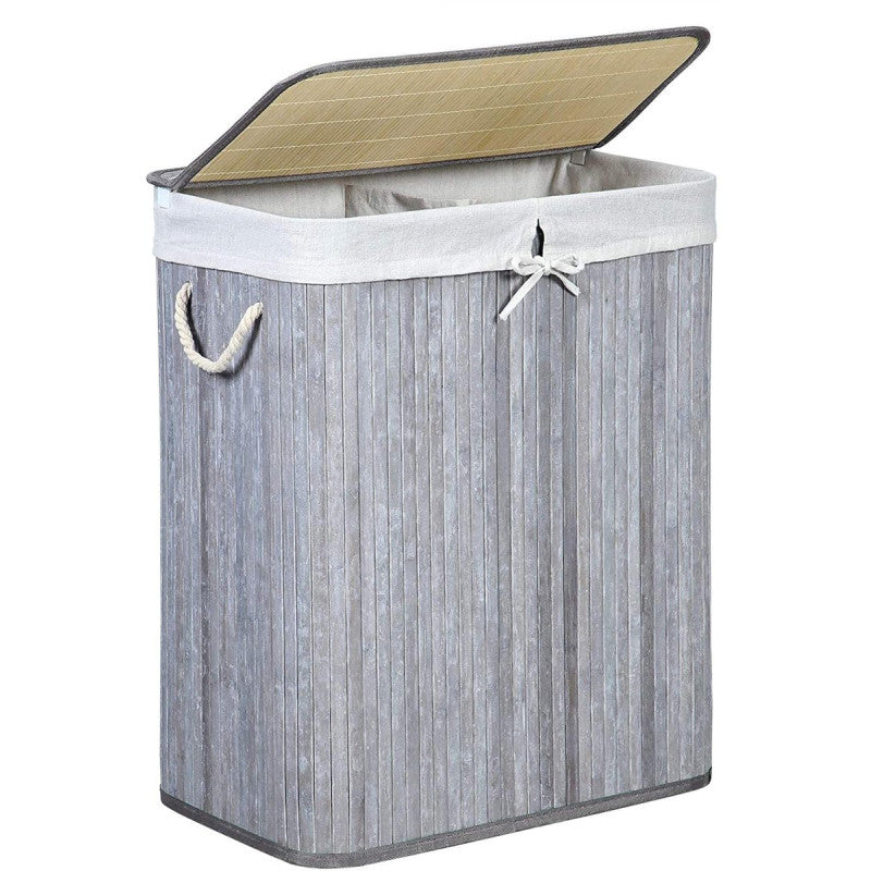 Portabiancheria Pieghevole In Bamboo Grigio 2 Scomparti 52x32x63 Cm