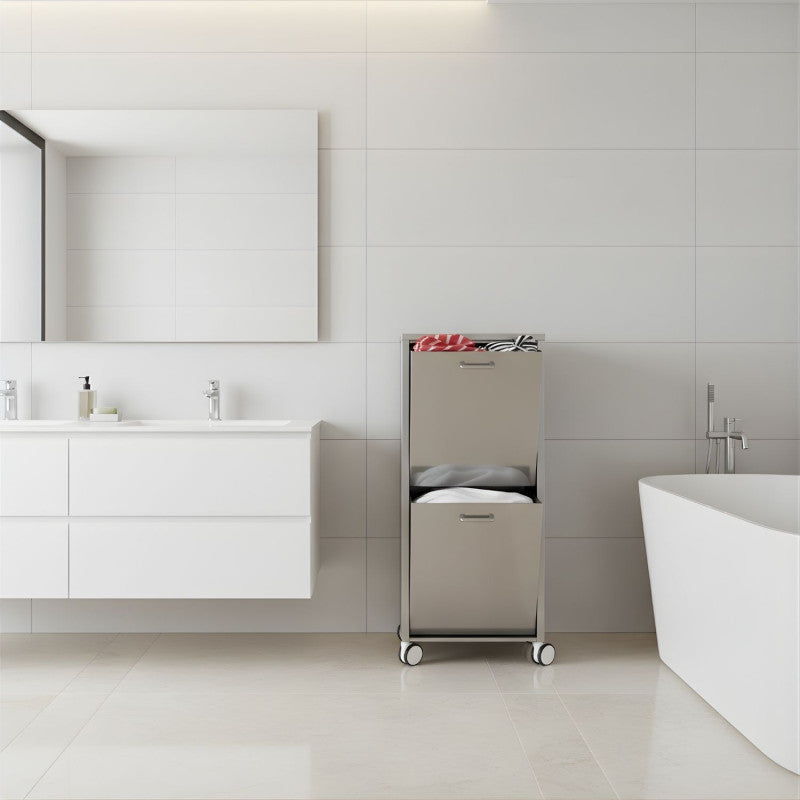Portabiancheria TANGO in acciaio inox a due scomparti basculanti 70 L con ruote