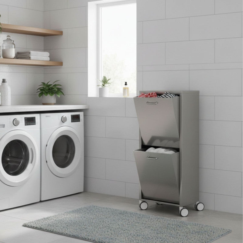 Portabiancheria TANGO in acciaio inox a due scomparti basculanti 70 L con ruote