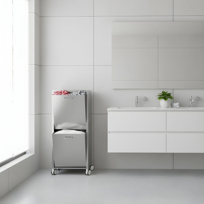 Portabiancheria TANGO in acciaio inox a due scomparti basculanti 70 L con ruote