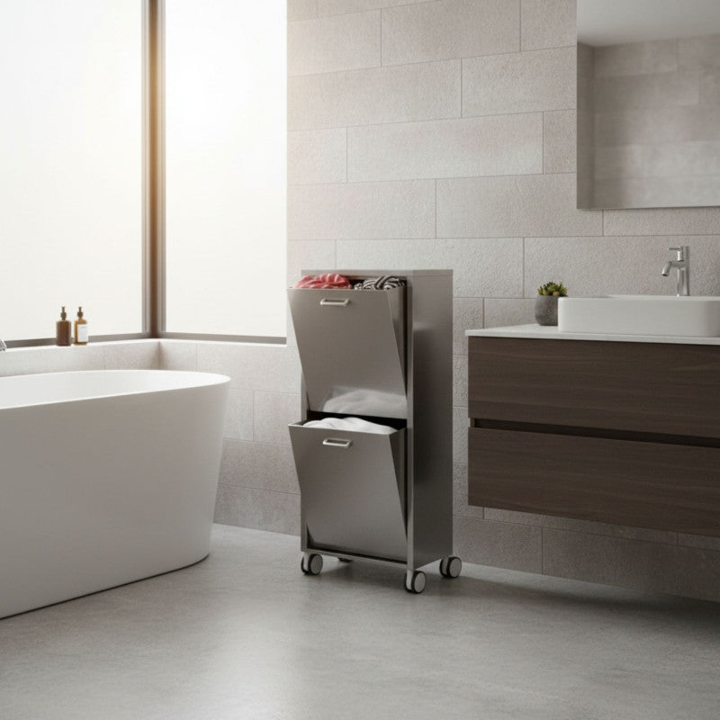 Portabiancheria TANGO in acciaio inox a due scomparti basculanti 70 L con ruote