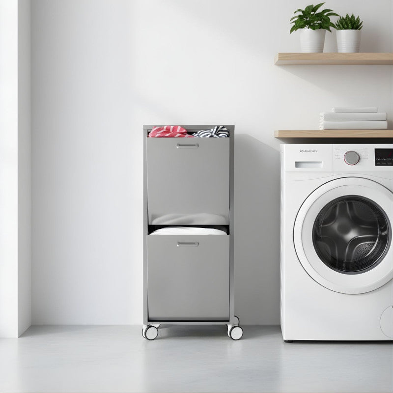 Portabiancheria TANGO in acciaio inox a due scomparti basculanti 70 L con ruote