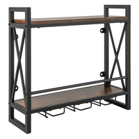 Portabottiglie a 2 livelli da parete industriale-Scaffale di stoccaggio per vino con 3 porta calici Marrone