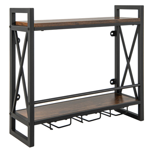 Portabottiglie a 2 livelli da parete industriale-Scaffale di stoccaggio per vino con 3 porta calici Marrone