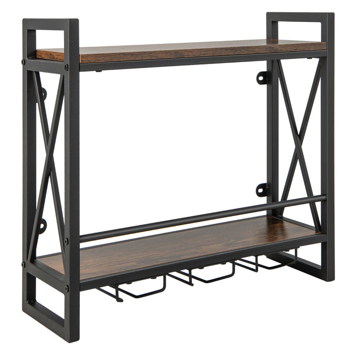 Portabottiglie a 2 livelli da parete industriale-Scaffale di stoccaggio per vino con 3 porta calici Marrone