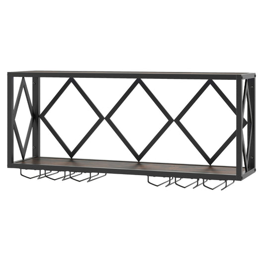 Portabottiglie da parete con striscia LED a 16 colori e 6 portabicchieri, Mensola espositiva in metallo Marrone e Nero-Portabottiglie