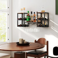 Portabottiglie da parete con porta bicchieri da muro a 3 livelli per sala da pranzo, Struttura in metallo per 8 bottiglie  rustico-Portabottiglie