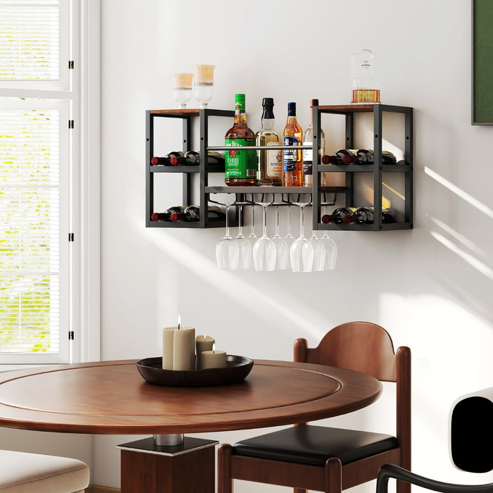 Portabottiglie da parete con porta bicchieri da muro a 3 livelli per sala da pranzo, Struttura in metallo per 8 bottiglie  rustico-Portabottiglie