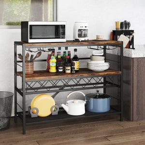 Portabottiglie da vino a 4 ripiani per 7 bottiglie e 16 bicchieri-Tavolo da cucina con ripiano per vino Marrone