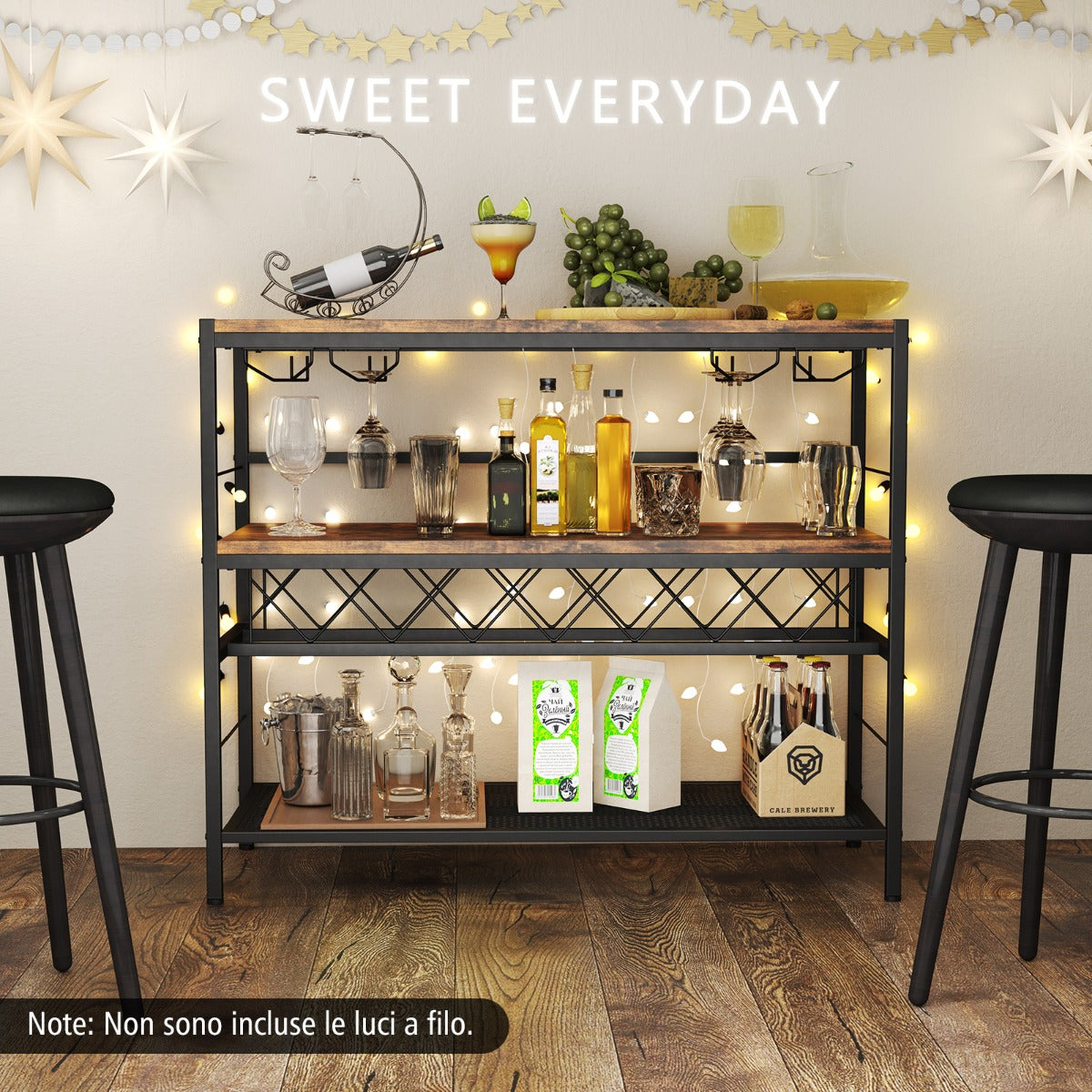 Portabottiglie da vino a 4 ripiani per 7 bottiglie e 16 bicchieri-Tavolo da cucina con ripiano per vino Marrone