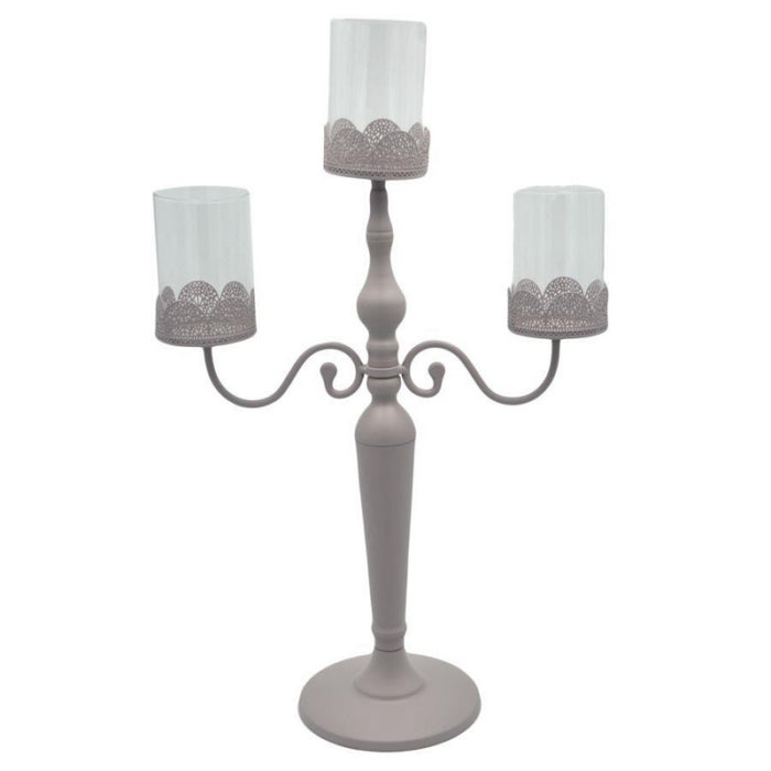 Portacandele candelabro metallo tortora3 posti con vetro cm38x17h62
