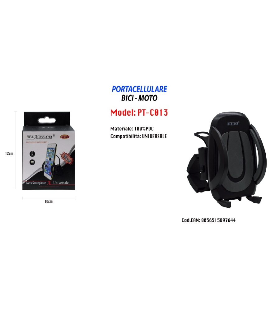 Portacellulare Bici Moto Universale Per Smartphone Ipad Navigatore Maxtech Pt-c013         