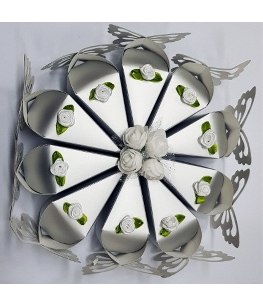 Portaconfetti Bomboniere Scatolina Forma Di Spicchio Torta Con Farfalla Argento         