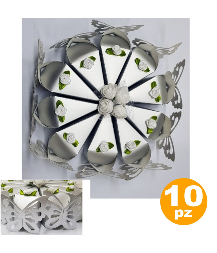 Portaconfetti Bomboniere Scatolina Forma Di Spicchio Torta Con Farfalla Argento         