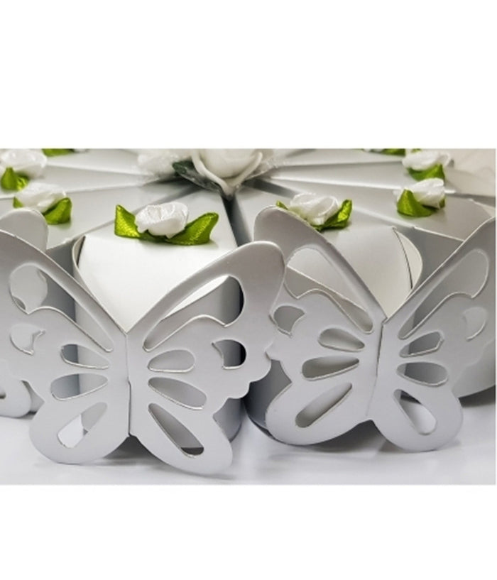 Portaconfetti Bomboniere Scatolina Forma Di Spicchio Torta Con Farfalla Argento         