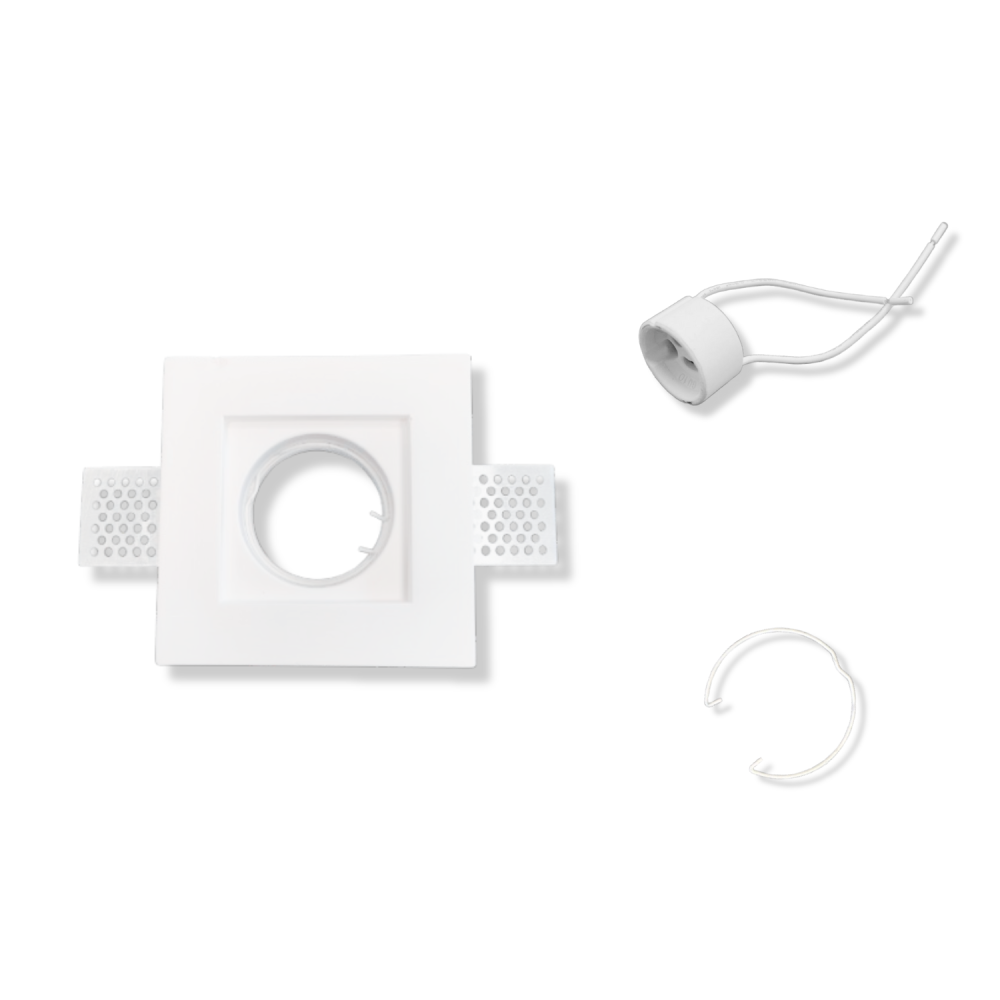 Portafaretto ad incasso quadrato bianco in gesso 100x100x30 mm per GU10 e GU5.3 a led
