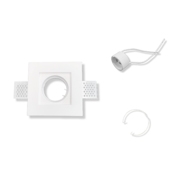 Portafaretto ad incasso quadrato bianco in gesso 100x100x30 mm per GU10 e GU5.3 a led