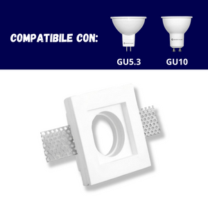 Portafaretto ad incasso quadrato bianco in gesso 100x100x30 mm per GU10 e GU5.3 a led
