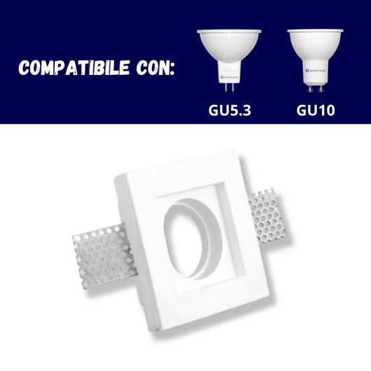 Portafaretto ad incasso quadrato bianco in gesso 100x100x30 mm per GU10 e GU5.3 a led