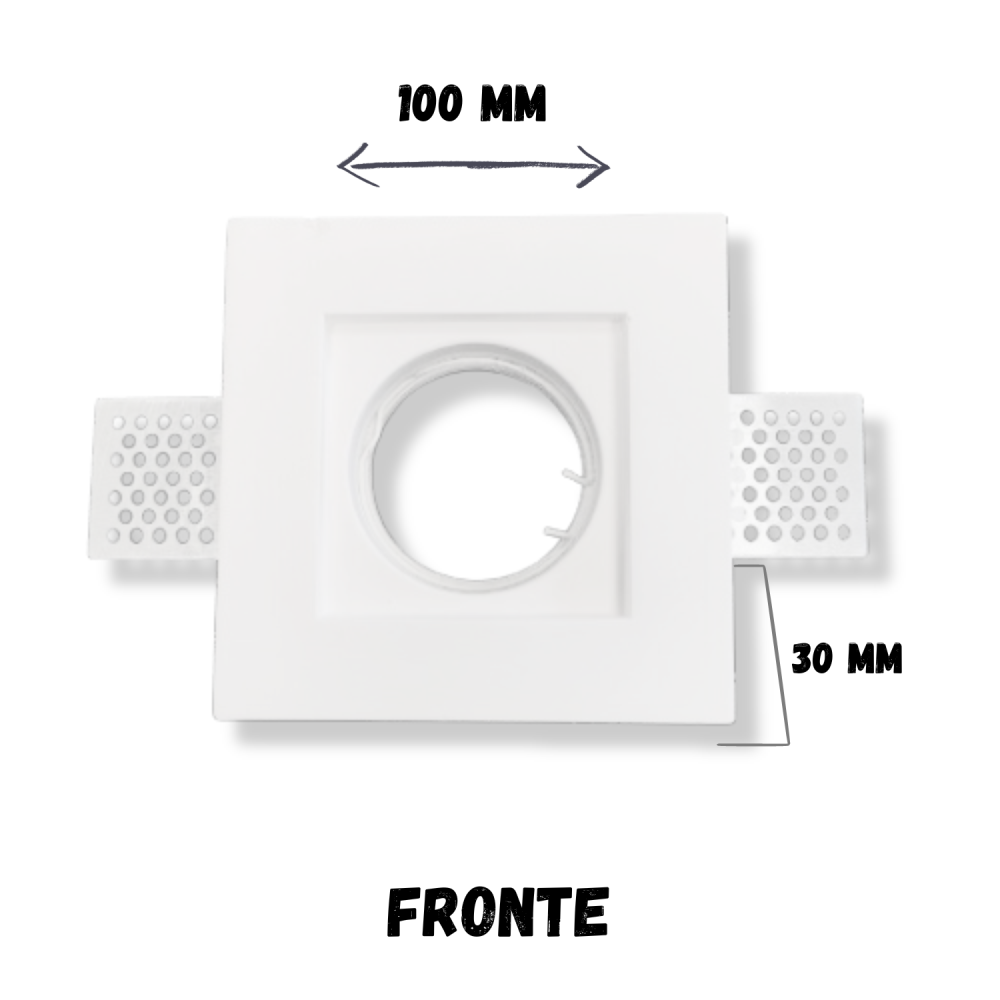 Portafaretto ad incasso quadrato bianco in gesso 100x100x30 mm per GU10 e GU5.3 a led