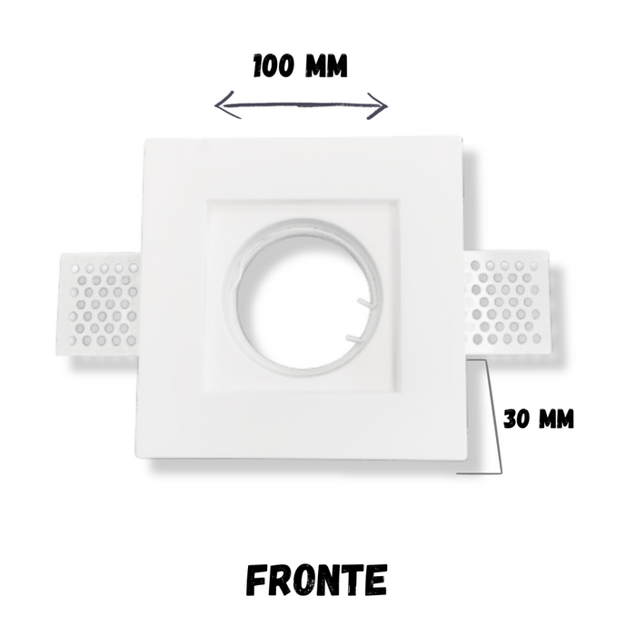 Portafaretto ad incasso quadrato bianco in gesso 100x100x30 mm per GU10 e GU5.3 a led