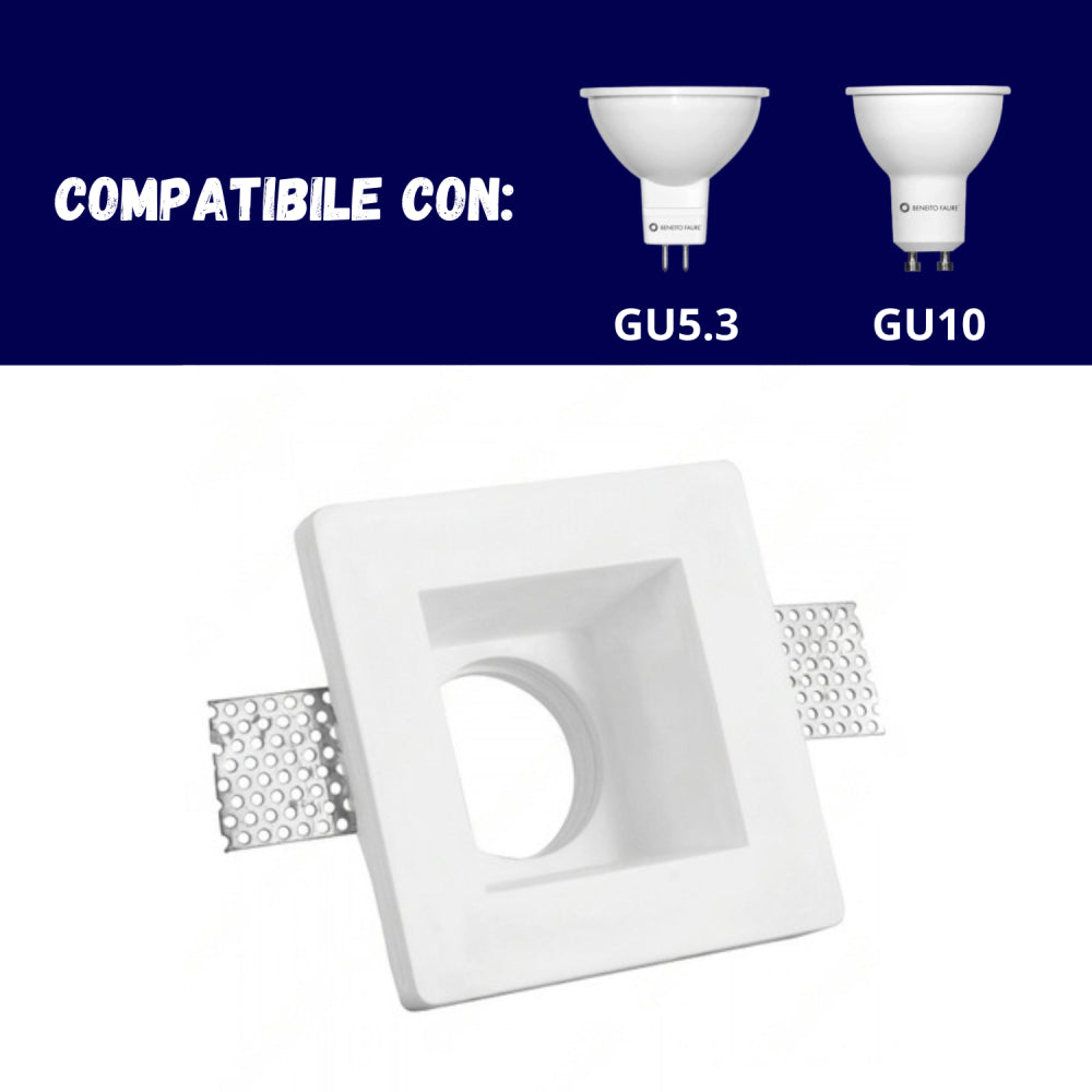 Portafaretto ad incasso quadrato bianco in gesso 120x120x60 mm per GU10 e GU5.3 a led