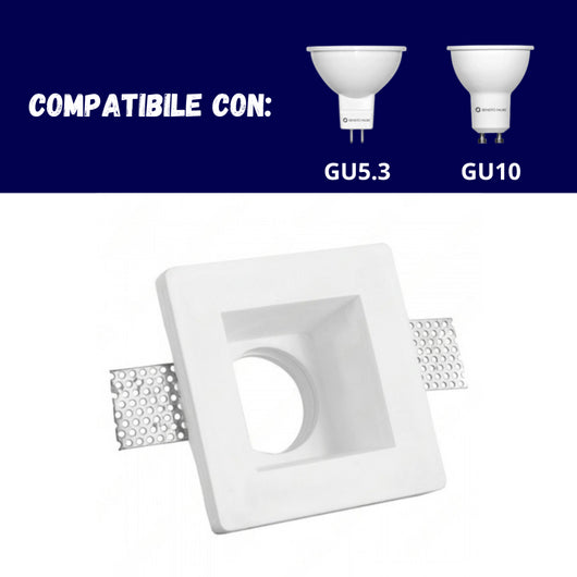 Portafaretto ad incasso quadrato bianco in gesso 120x120x60 mm per GU10 e GU5.3 a led