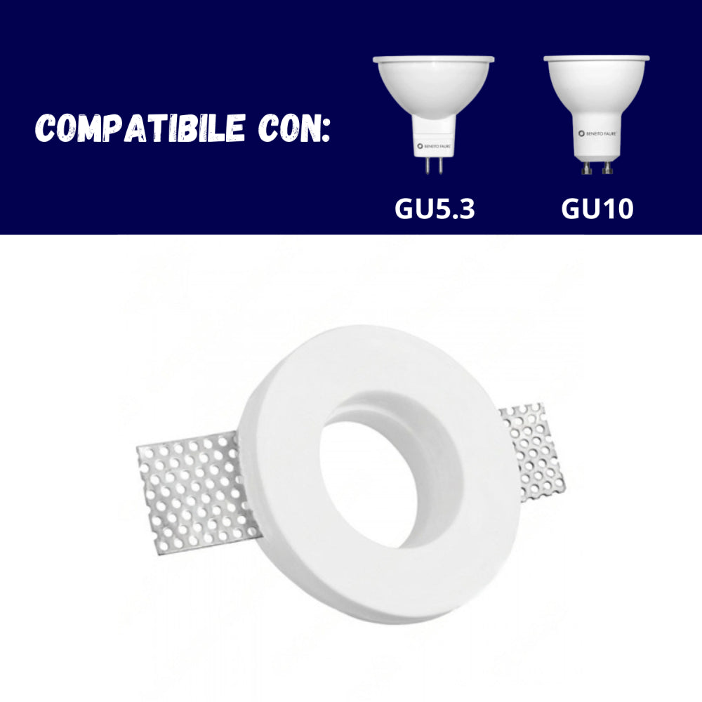 Portafaretto ad incasso rotondo bianco in gesso ø100x30 mm per GU10 e GU5.3 a led