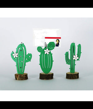 Portafoto Cactus Fiore 3pz Base Legno Decorazione Segnaposto Segnatavolo Bomboniera         