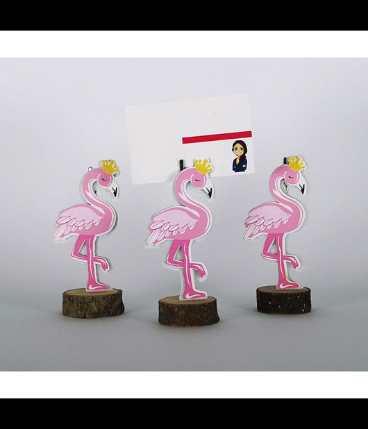 Portafoto Fenicottero Rosa 3pz Base Legno Design Segnaposto Tavolo Bomboniera Festa         