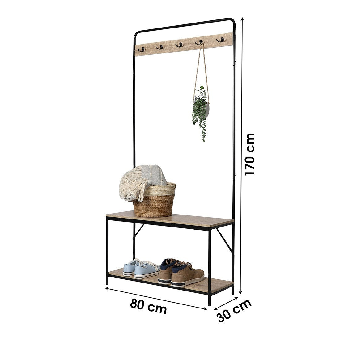 Appendiabiti collezione PHOEBE in color quercia chiara e nero. Mobile da ingresso con panca e porta scarpe integrati.