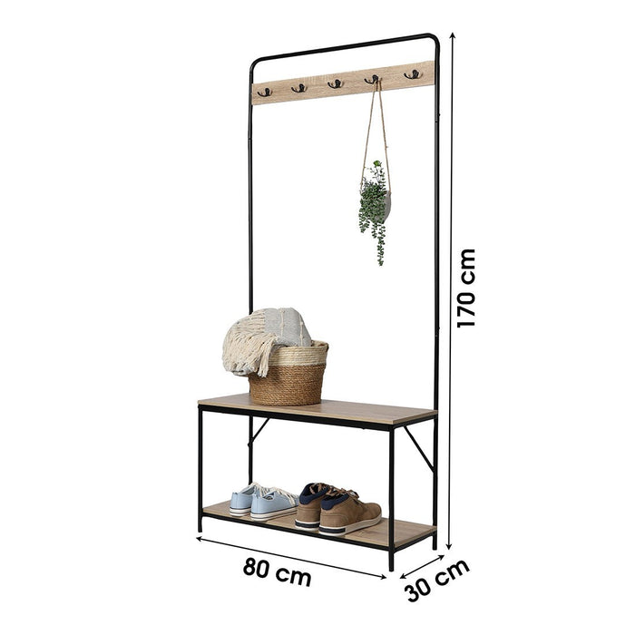 Appendiabiti collezione PHOEBE in color quercia chiara e nero. Mobile da ingresso con panca e porta scarpe integrati.