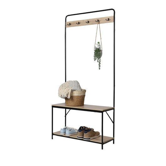 Appendiabiti collezione PHOEBE in color quercia chiara e nero. Mobile da ingresso con panca e porta scarpe integrati.