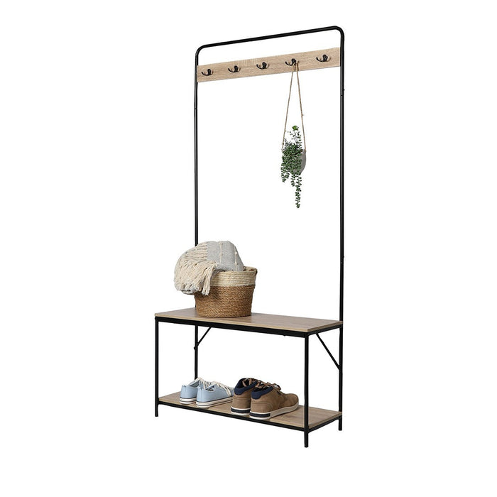 Appendiabiti collezione PHOEBE in color quercia chiara e nero. Mobile da ingresso con panca e porta scarpe integrati.