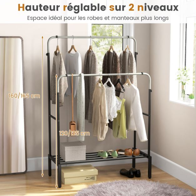 Appendiabiti a doppia barra Appendiabiti in metallo resistente regolabile in altezza per appendere vestiti Organizzatore di vestiti Nero e argento 20_0009103